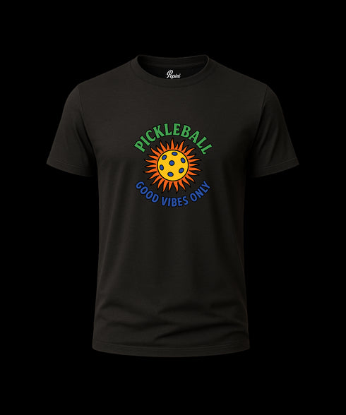 Black t-shirt with pickleball design and text on a white background